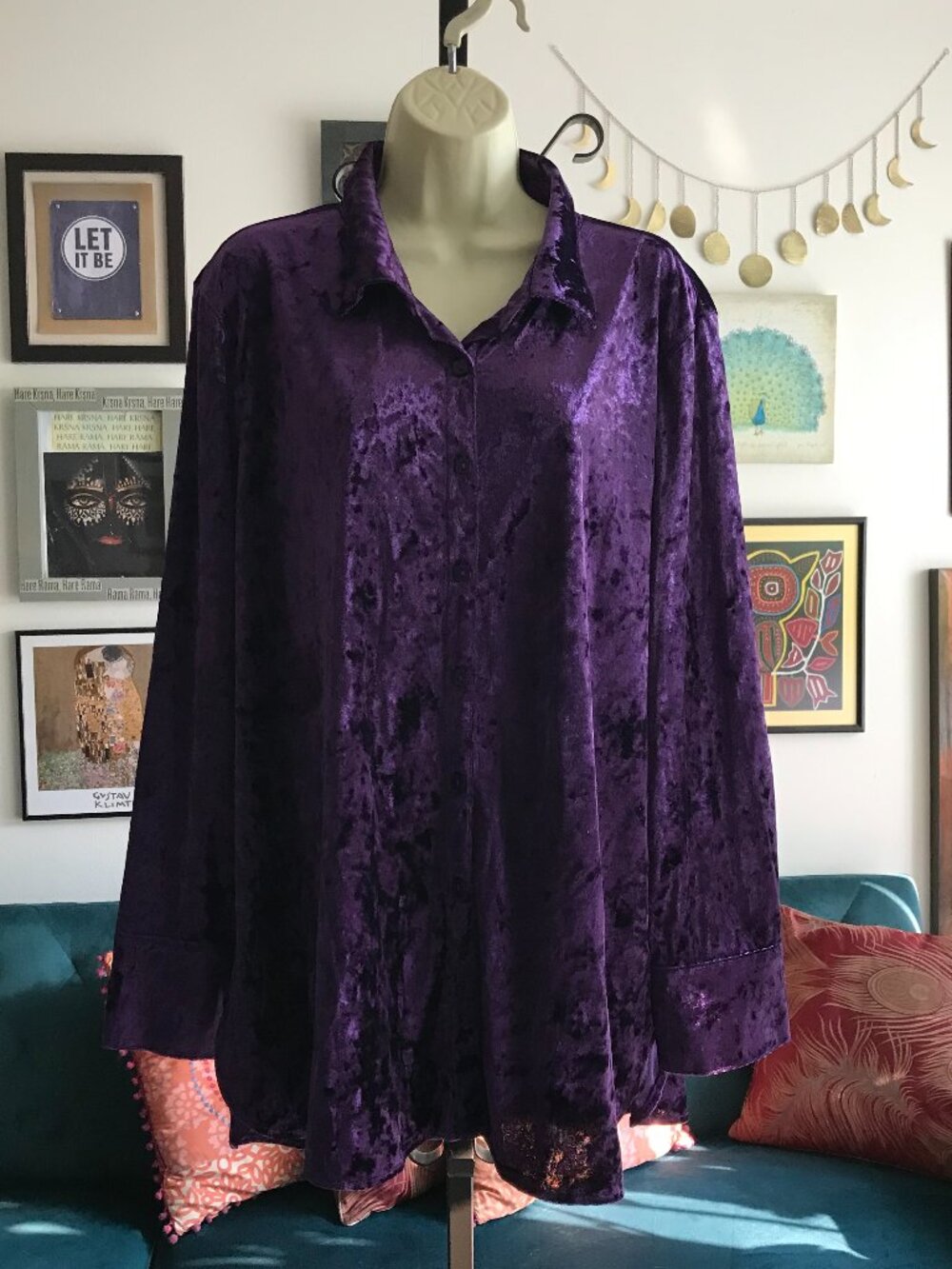 MULTIPLES size XL Purple Stretch Crushed Velvet Oversized Button Front Shirt